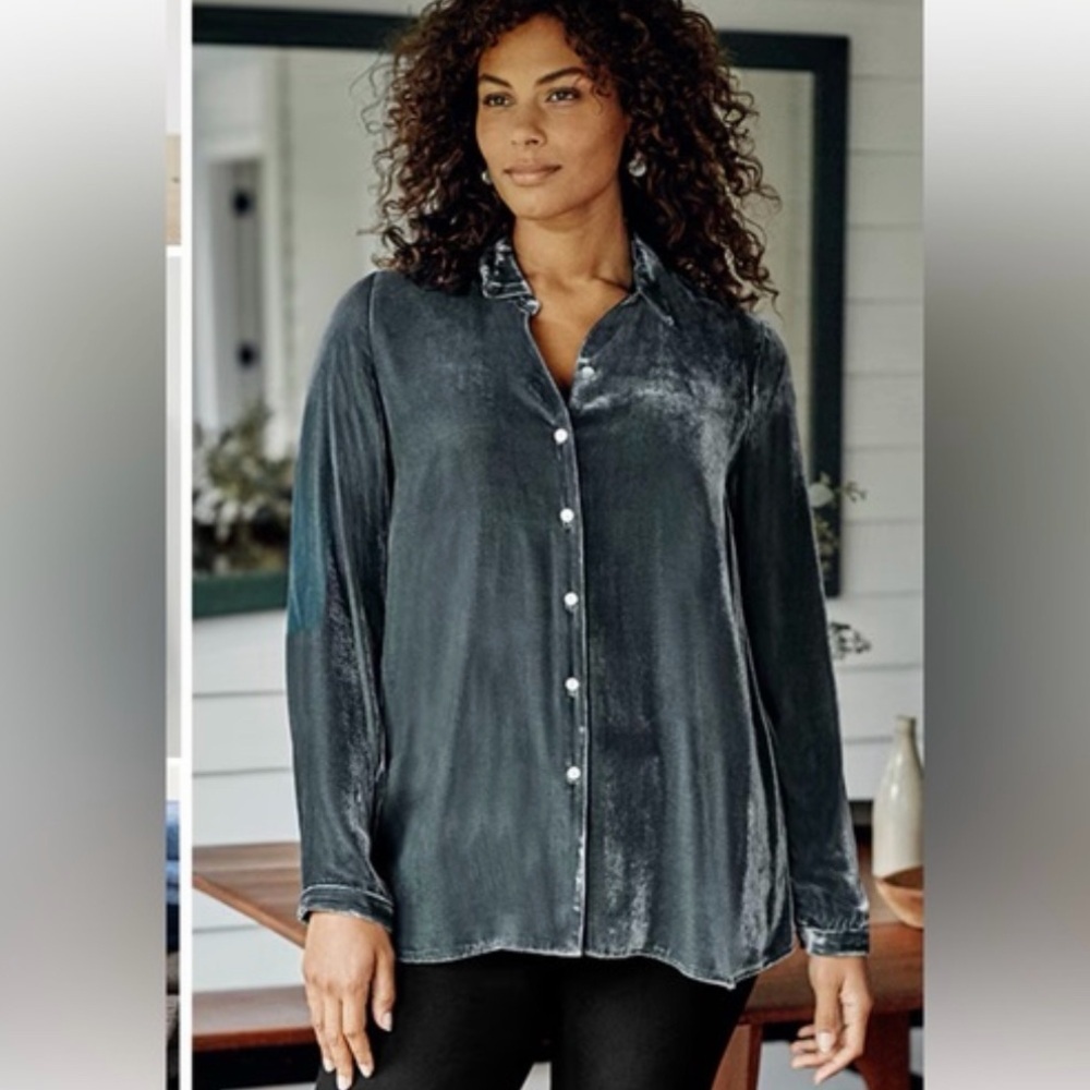 J. Jill Velvet Boyfriend Tunic Button Down Shirt Medium Silk Blend Gray Longline